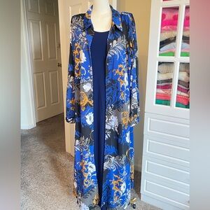 Attitude by Renee Chic Blue & Black Patterned Long Coatdress w/sleeveless dress